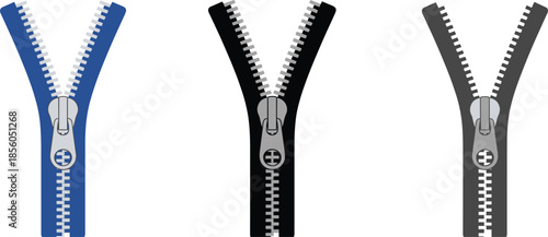 Realistic zipper set illustration, with metal teeth sliders isolated on white background vector design for fashion garment accessory template