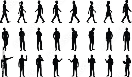 Business people silhouettes walking, standing, talking, phone, tablet, gestures, teamwork, corporate diversity, professional posture, vector illustration, office concept, black design