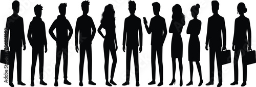 Business people silhouettes standing, men and women, teamwork, corporate diversity, briefcase, phone, professional posture, vector illustration, black design elements, office concept