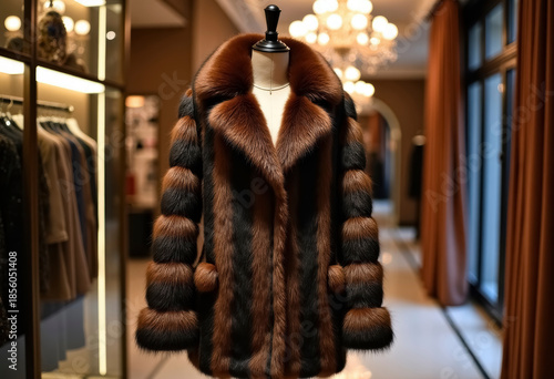 A luxurious fur coat elegantly displayed on a mannequin in a chic boutique, surrounded by soft lighting and minimalist decor.