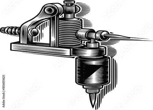 Tattoo machine illustration, vintage tattooing equipment, line art, black and white, tattoo gun, professional tattoo artist tool, isolated, design, vector