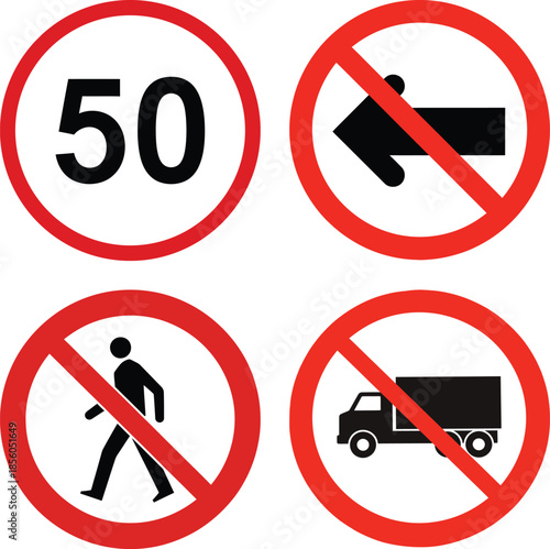 Speed limit 50 sign no left turn no pedestrians no trucks traffic signs fifty