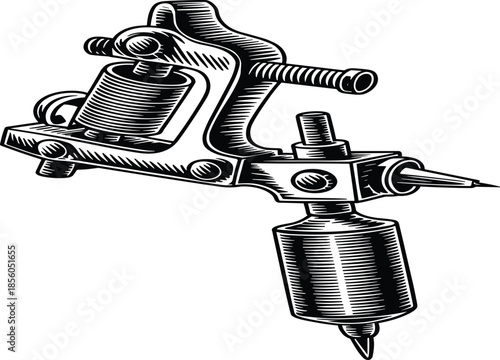 Tattoo machine illustration, vintage tattooing equipment, line art, black and white, tattoo gun, professional tattoo artist tool, isolated, design, vector