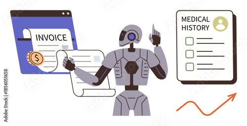 Robot interacting with digital invoices and medical records, symbolizing AI streamlining data management. Ideal for technology, AI, healthcare, finance, automation, efficiency innovation. Simple