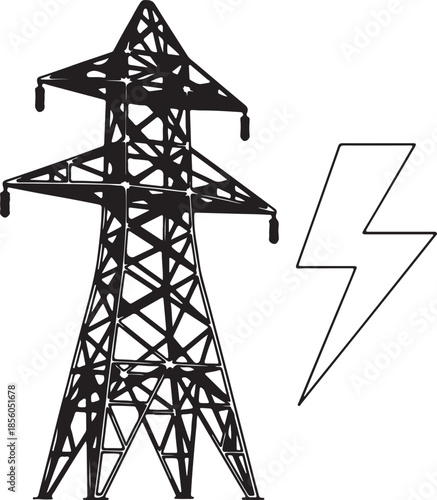 Electricity Pylon and Lightning Bolt Icon Keywords: electricity, pylon, power line, transmission