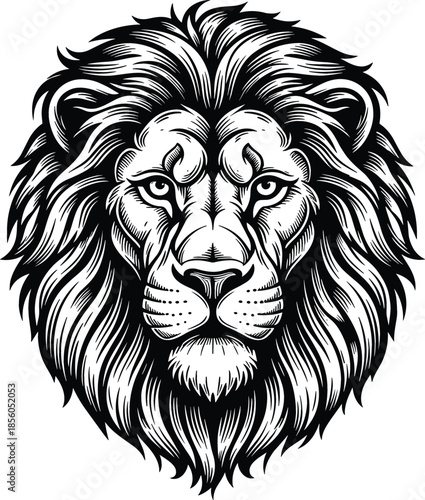 Majestic lion head ink illustration with full flowing mane bold line work and detailed facial features mascot design.