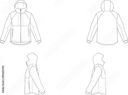 Technical vector, hooded jacket fashion flat, front back side views, apparel design template for outerwear illustration