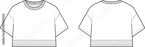 Vector fashion, cropped boxy t shirt front back flat, apparel template, technical clothing illustration outline