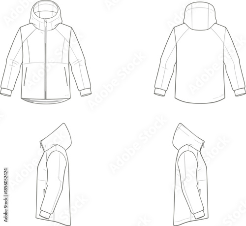 Vector fashion, hooded anorak jacket front back side flats, apparel template, technical outerwear design illustration outline