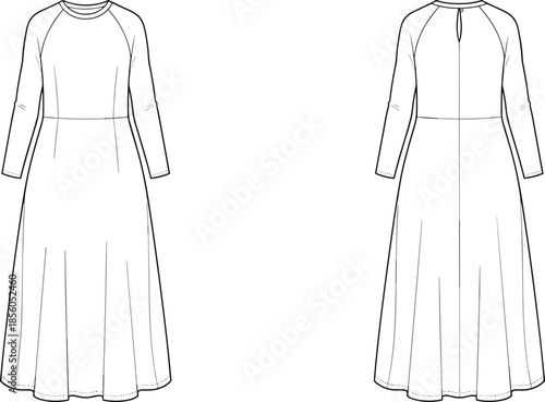 Vector fashion, long sleeve maxi dress front back flats, apparel template, technical womens clothing illustration outline