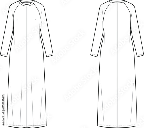 Vector fashion, long sleeve modest dress front back flats, apparel template, technical clothing illustration outline vector