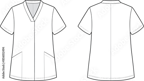 Vector fashion, medical scrub top front back flat, apparel template, uniform design technical illustration outline vector
