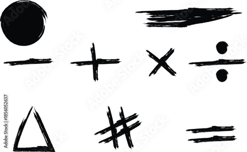 A collection of black mathematical and hash symbols on a white background
