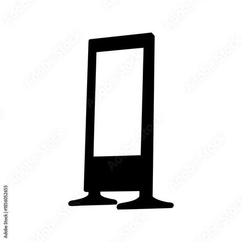 Simple black silhouette of a modern floor-standing digital signage kiosk or display totem