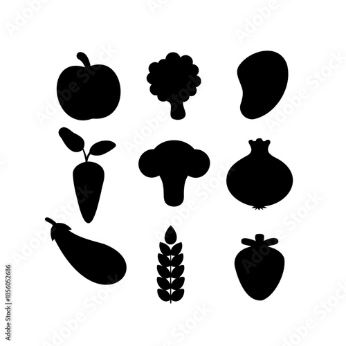 A diverse collection of nine black silhouettes depicting various fruits, vegetables, and grains