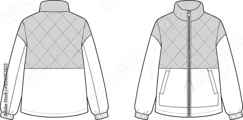 Women quilted zip jacket vector illustration, front and back view casual winter outerwear fashion flat