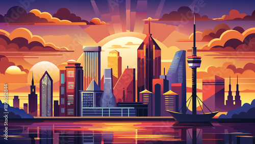 Very beautiful panoramic summer sunset over Rotterdam featuring modern skyline silhouettes, dramatic clouds, and warm reflections, presenting a dynamic and contemporary cityscape of the Netherlands.