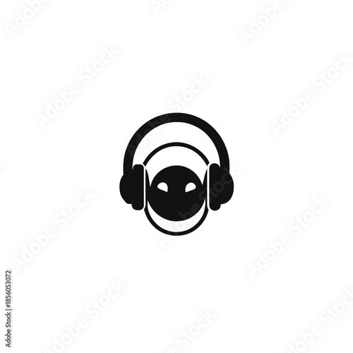 A minimalist black and white icon depicting a happy face wearing headphones