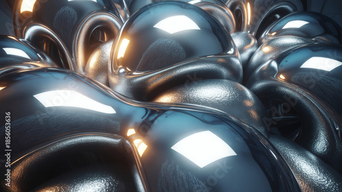Abstract metallic chrome shapes with smooth reflections and glowing highlights on dark background