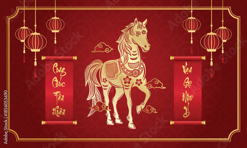 Vietnamese Horse Hold Couplets To Wish Tet holiday 2026 . Year of the horse (Translation : Happy new year )