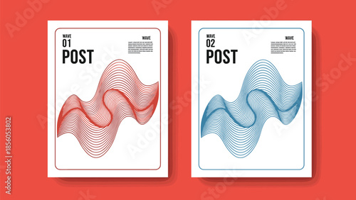 Abstract wave line art posters with wavy geometric shapes on white background, modern minimalist fluid wireframe design for creative vector branding.