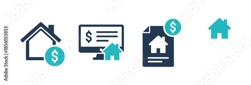 Real estate transaction icons set house purchase, online payment, contract, and handshake deal