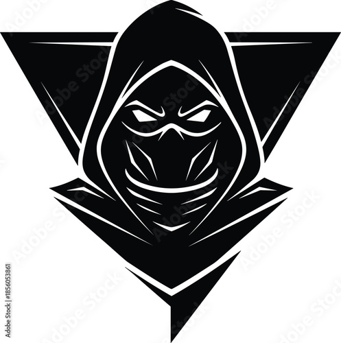 Black and white hooded ninja mascot logo with aggressive eyes for gaming team esports vector isolated on transparent background illustration.