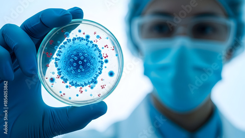 Scientist in lab coat and mask examining a petri dish with a blue virus culture