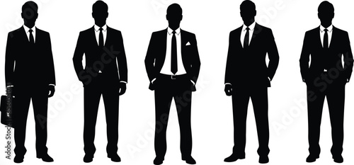 Black businessman silhouettes set in professional suits and ties with briefcase isolated on white background for corporate business concept design.