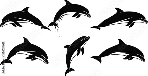 Black dolphin silhouette set with various jumping and swimming poses isolated on white background, marine animal vector collection for aquatic.