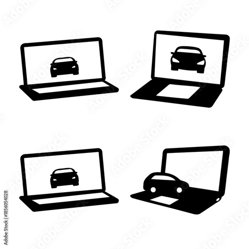 Car icons on laptop screens and keyboard representing online vehicle technology