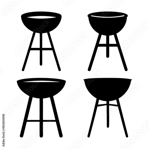 Minimalist black silhouette icons of four classic kettle charcoal grills