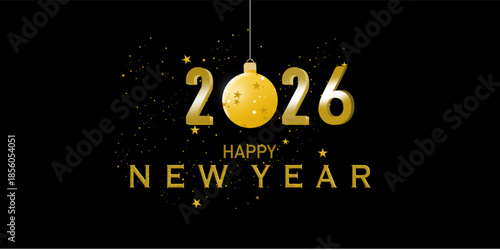 Happy New Year 2026 greeting design luxury gold typography sparkling star decorations. Festive composition featuring glittering golden numbers, stars, ribbons, greeting cards, party invitations