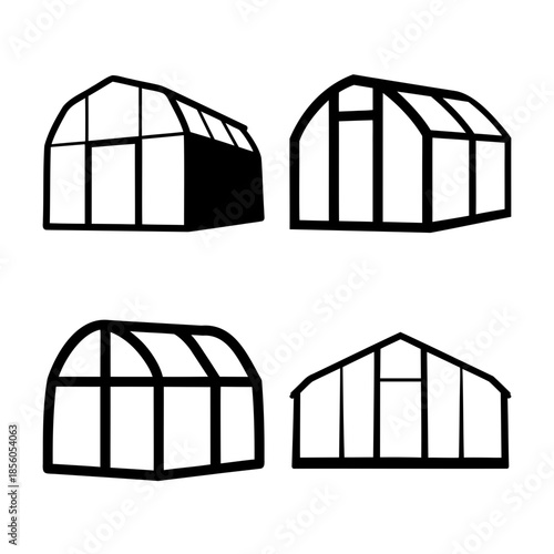 Black and white vector icons of diverse greenhouse structures for agriculture and gardening projects