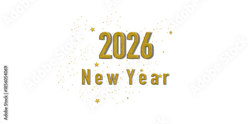 Happy New Year 2026 greeting design luxury gold typography sparkling star decorations. Festive composition featuring glittering golden numbers, stars, ribbons, greeting cards, party invitations
