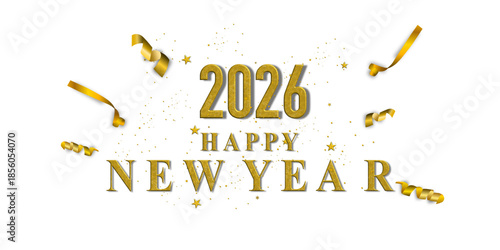 Happy New Year 2026 greeting design luxury gold typography sparkling star decorations. Festive composition featuring glittering golden numbers, stars, ribbons, greeting cards, party invitations