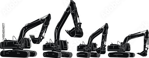 Black excavator silhouette set, heavy construction machinery icons, industrial earthmover vector collection, hydraulic digger equipment for building site engineering projects.