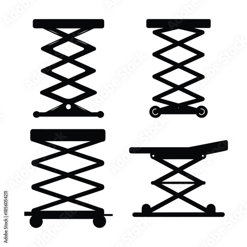 Various designs of industrial scissor lift mechanisms presented as black vector silhouettes