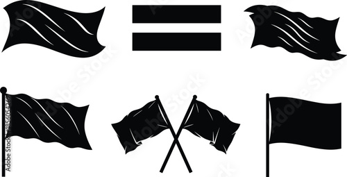 Black flag silhouettes set featuring waving banners and crossed flags on poles isolated on white background for sports or nautical.