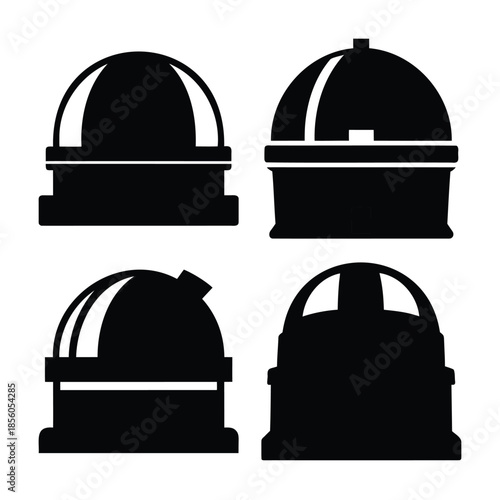 A collection of distinct black silhouette icons depicting various astronomical observatory domes