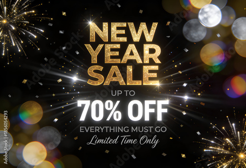 Classy new year sale up to 70% off everything must go limited time only with sparkling lights and confetti on black