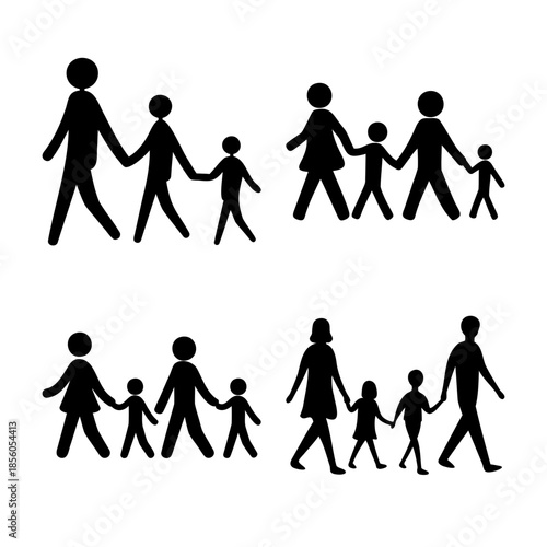 Symbolic illustration of various family groups, depicting parents and children walking together