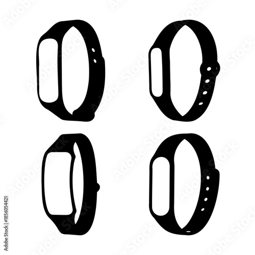 Four minimalist black and white fitness tracker bands icon set in vector illustration