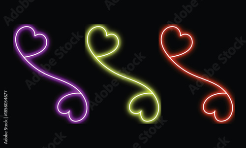 Three vibrant neon hearts glowing brightly in purple, yellow, and red on a dark backdrop