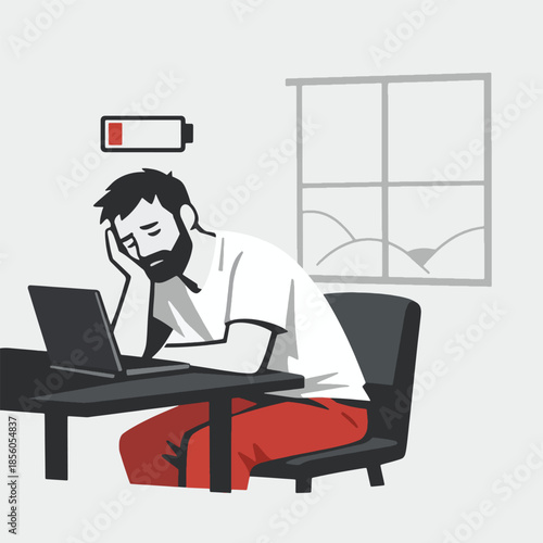 Man feeling exhausted while working on a laptop with a low battery indicator above his head