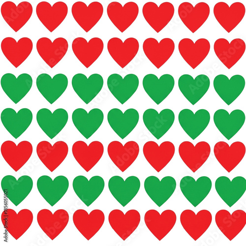 Grid of red and green hearts on white background red hearts pattern