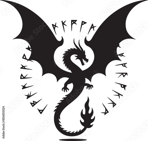 Mythical dragon silhouette with ancient runes and flame tail design