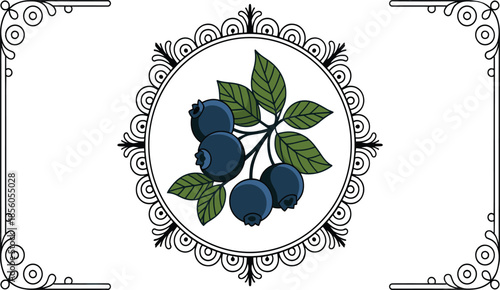 Elegant Framed Illustration of a Blueberry Branch with Dark Blue Berries and Green Leaves Centered Within a Decorative Ornate Border and Flourished Corners.