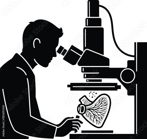 Scientist examining specimen under microscope isolated on white background, Vector