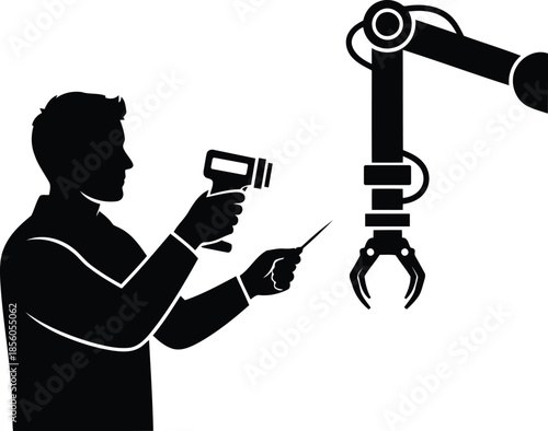 Technician adjusting industrial robot isolated on white background, Vector